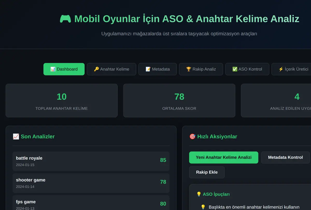 Mobil Oyunlar İçin ASO & Anahtar Kelime Analiz ekran görüntüsü