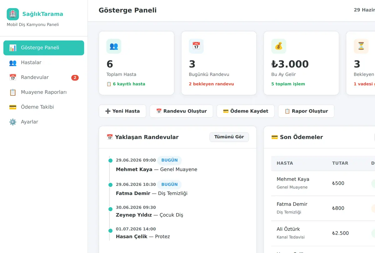 Mobil Sağlık Tarama & Diş Kamyonu Yönetim Aracı ekran görüntüsü