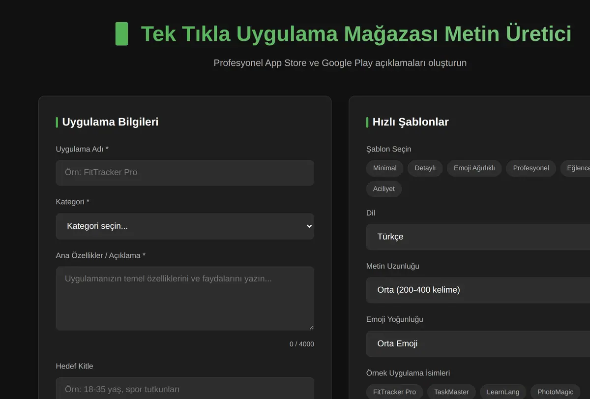 Tek Tıkla Uygulama Mağazası Metin Üretici ekran görüntüsü