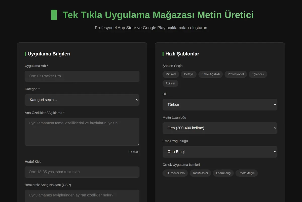Tek Tıkla Uygulama Mağazası Metin Üretici ekran görüntüsü 2