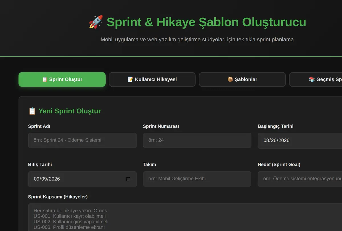 Sprint & Hikaye Şablon Oluşturucu ekran görüntüsü