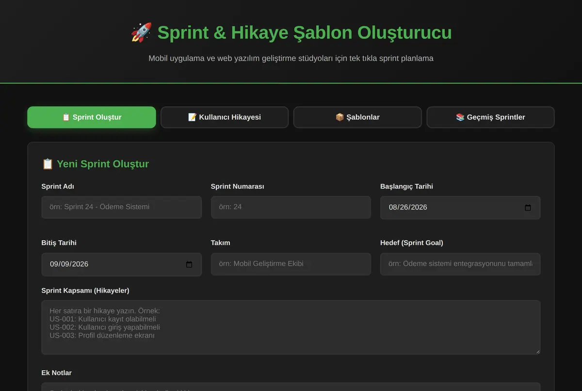 Sprint & Hikaye Şablon Oluşturucu ekran görüntüsü 2