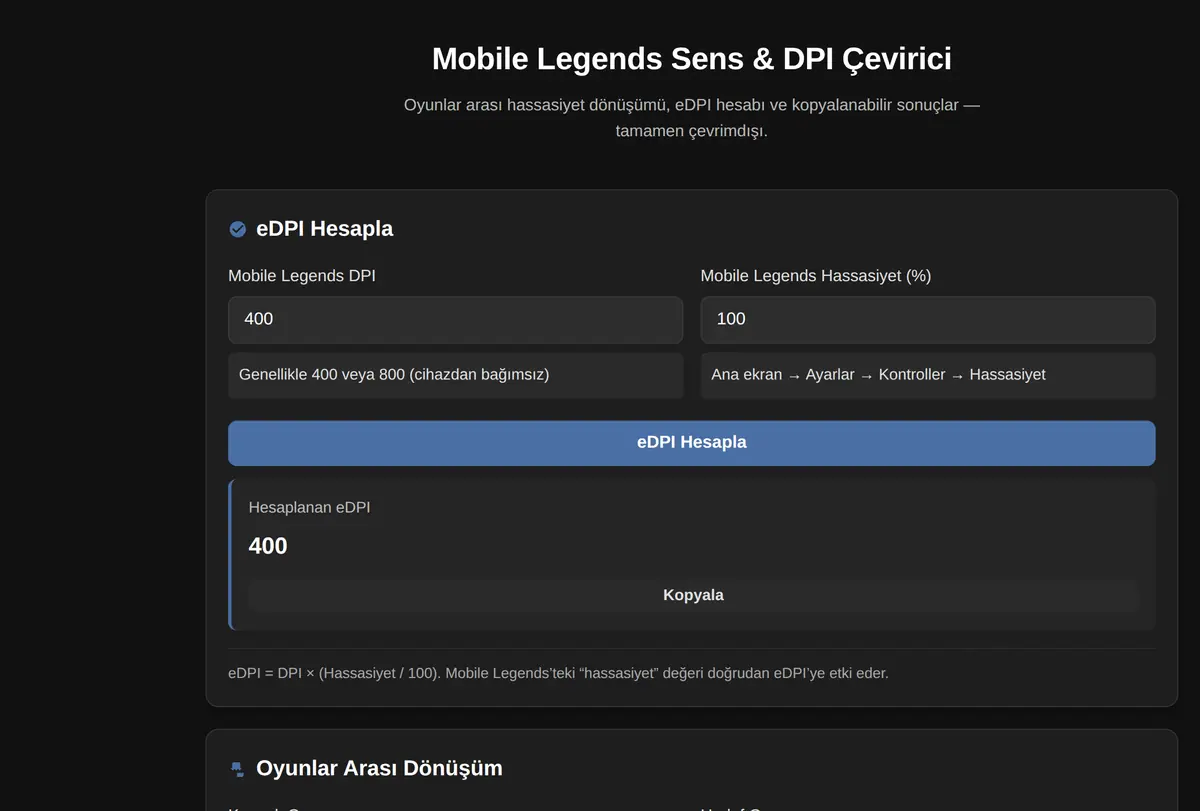Mobile Legends Sens & DPI Çevirici ekran görüntüsü