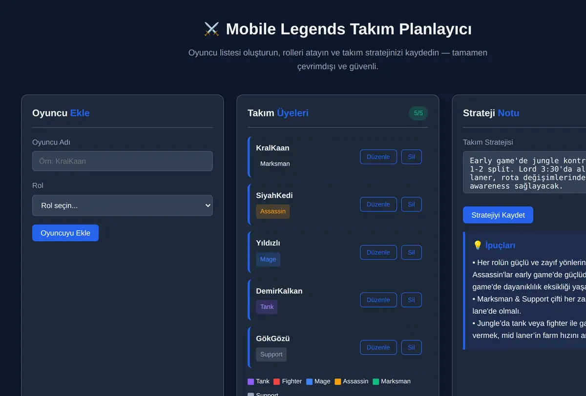 Mobile Legends Takım Planlayıcı ekran görüntüsü