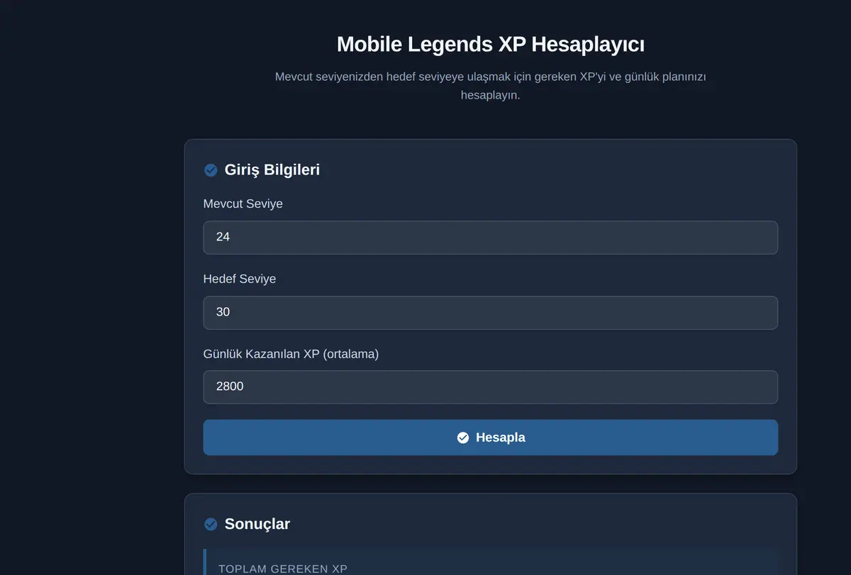 Mobile Legends XP Hesaplayıcı ekran görüntüsü