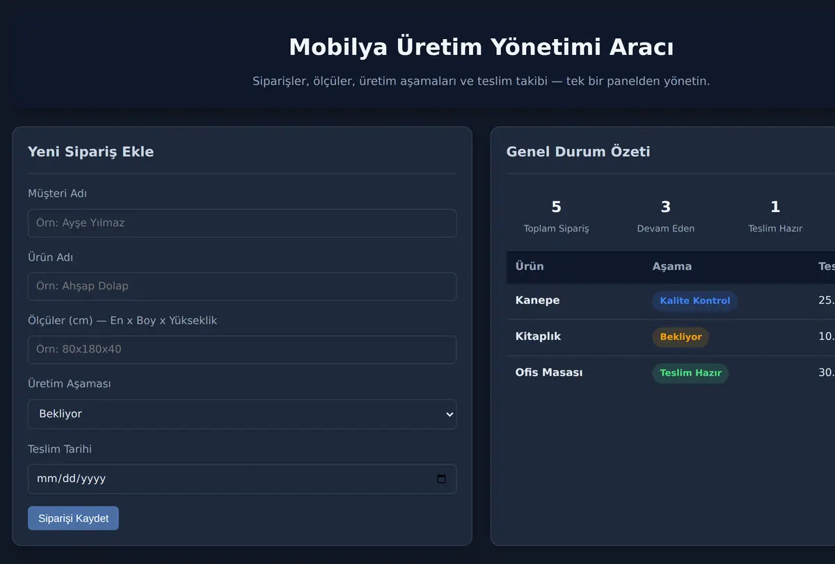 Mobilya Üretim Yönetimi Aracı ekran görüntüsü
