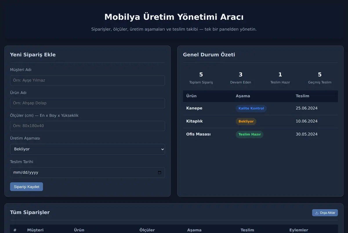 Mobilya Üretim Yönetimi Aracı ekran görüntüsü 2