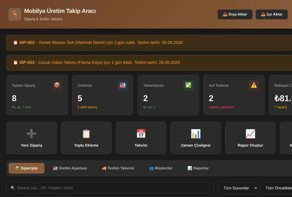 Mobilya Üretim Takip Aracı - Sipariş & Teslim Takvimi ekran görüntüsü