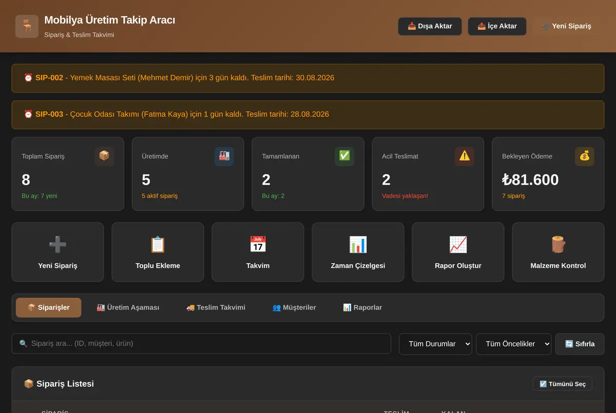 Mobilya Üretim Takip Aracı - Sipariş & Teslim Takvimi ekran görüntüsü 2