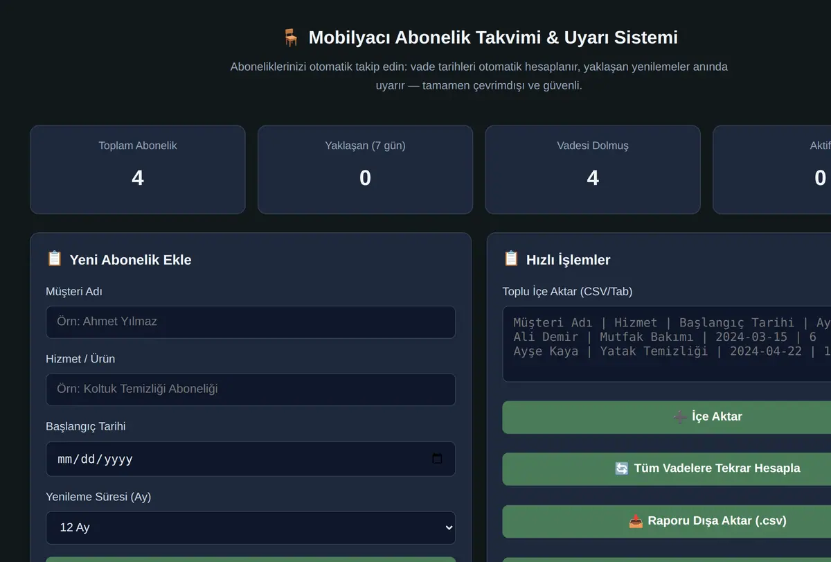 Mobilyacı Abonelik Takvimi & Uyarı Sistemi ekran görüntüsü