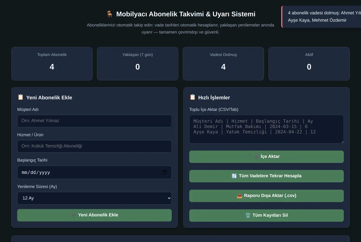 Mobilyacı Abonelik Takvimi & Uyarı Sistemi ekran görüntüsü 2