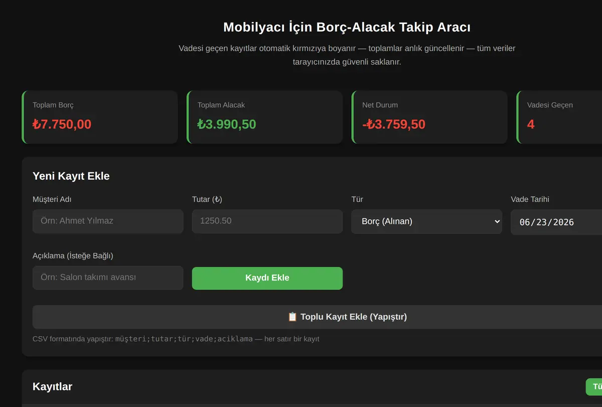 Mobilyacı İçin Borç-Alacak Takip Aracı ekran görüntüsü