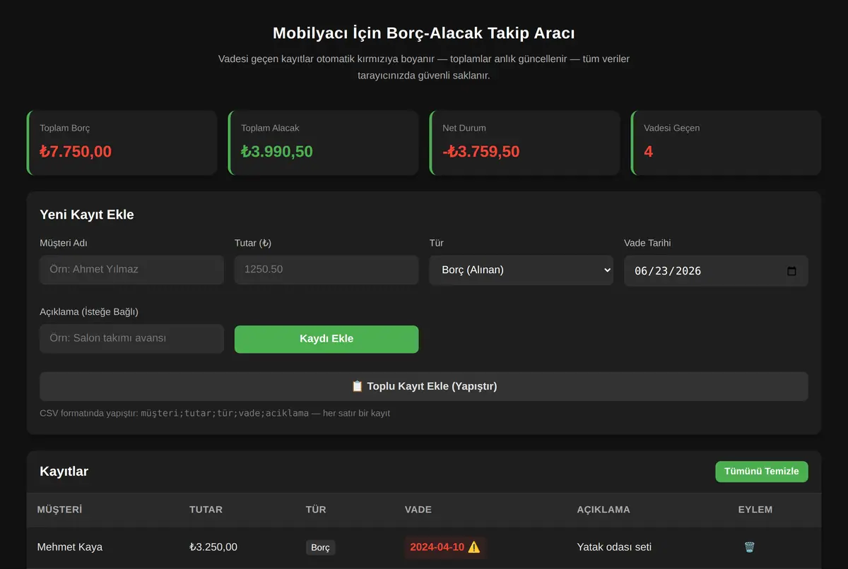 Mobilyacı İçin Borç-Alacak Takip Aracı ekran görüntüsü 2