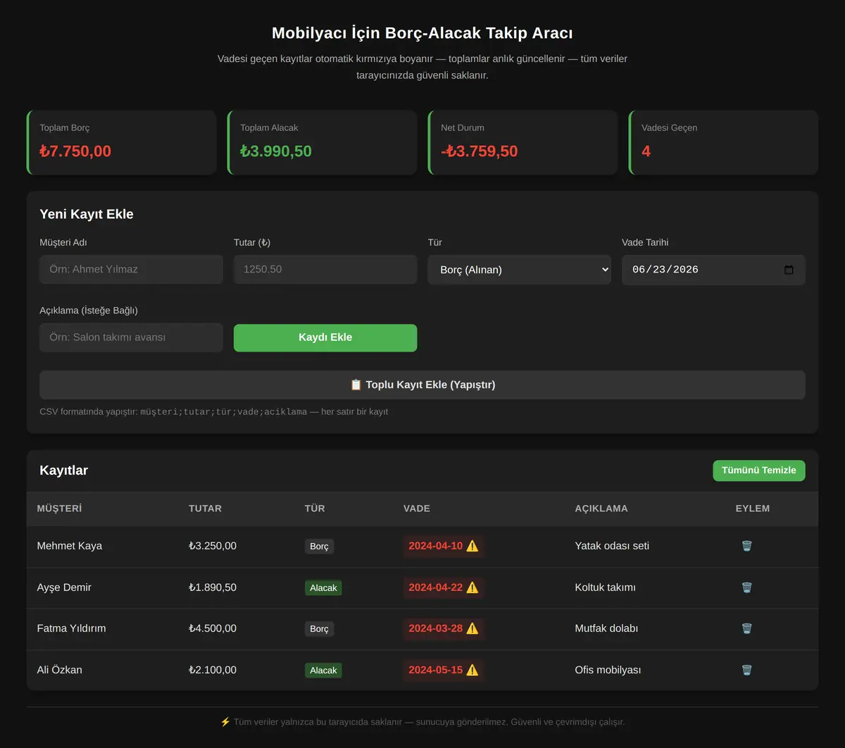 Mobilyacı İçin Borç-Alacak Takip Aracı ekran görüntüsü 3