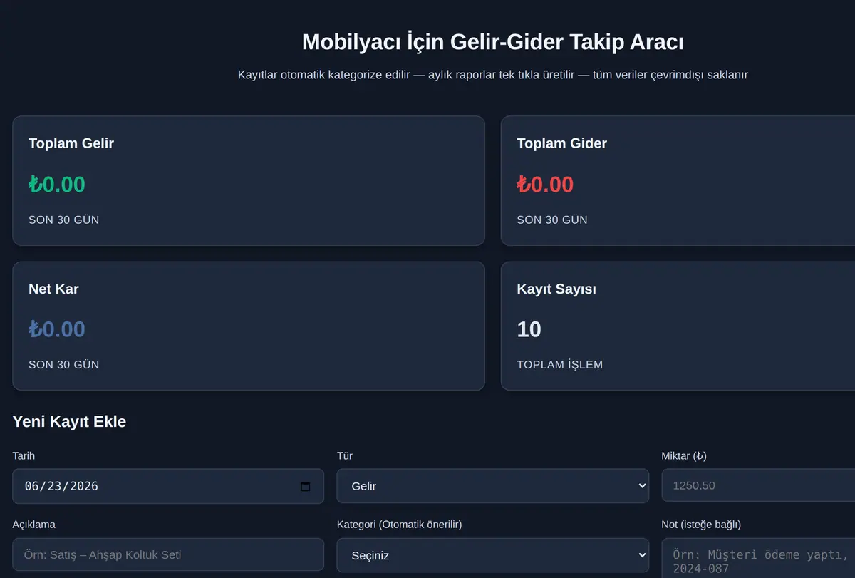 Mobilyacı İçin Gelir-Gider Takip Aracı ekran görüntüsü