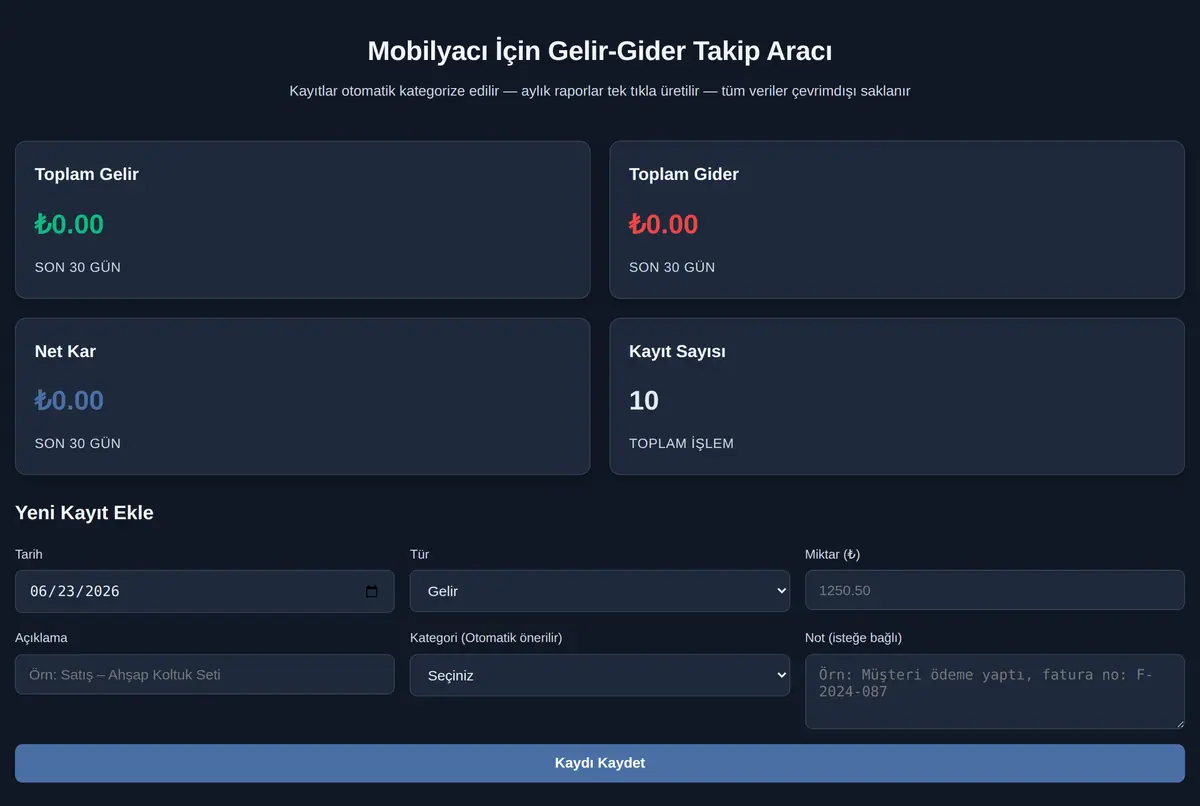 Mobilyacı İçin Gelir-Gider Takip Aracı ekran görüntüsü 2