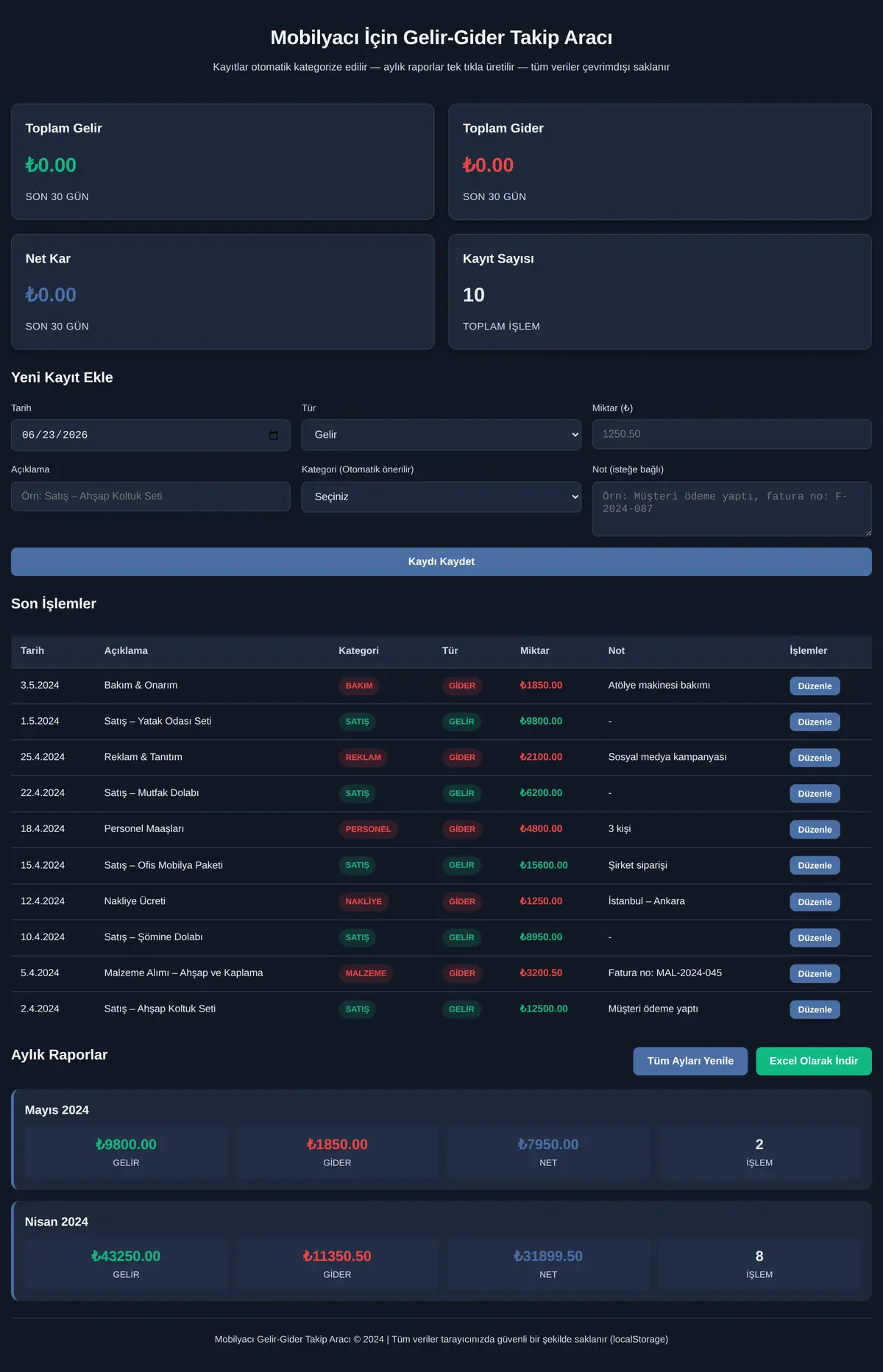 Mobilyacı İçin Gelir-Gider Takip Aracı ekran görüntüsü 3