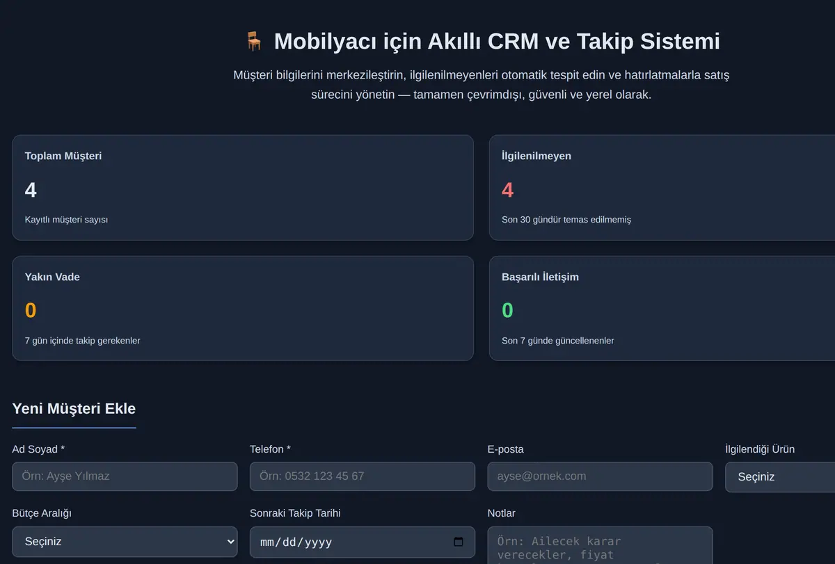 Mobilyacı için Akıllı CRM ve Takip Sistemi ekran görüntüsü