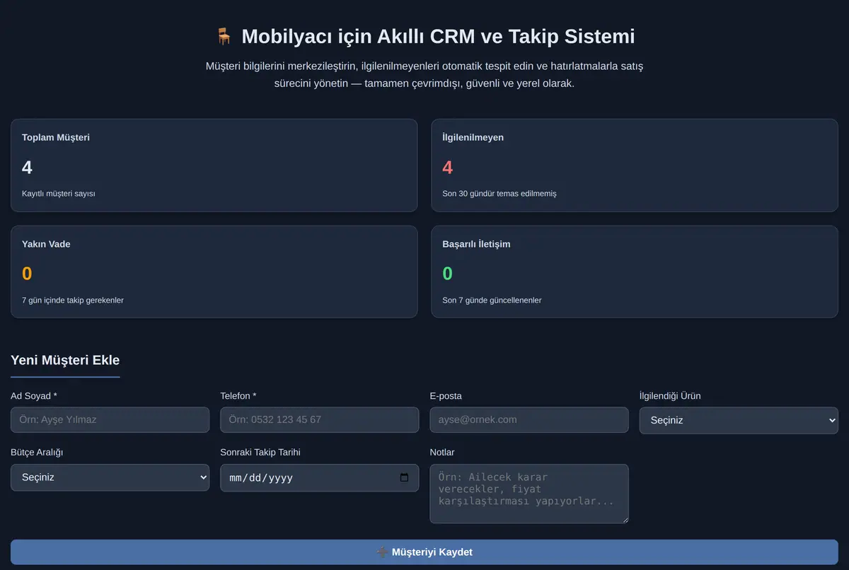 Mobilyacı için Akıllı CRM ve Takip Sistemi ekran görüntüsü 2