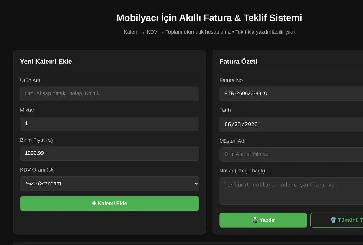 Mobilyacı İçin Akıllı Fatura & Teklif Sistemi ekran görüntüsü