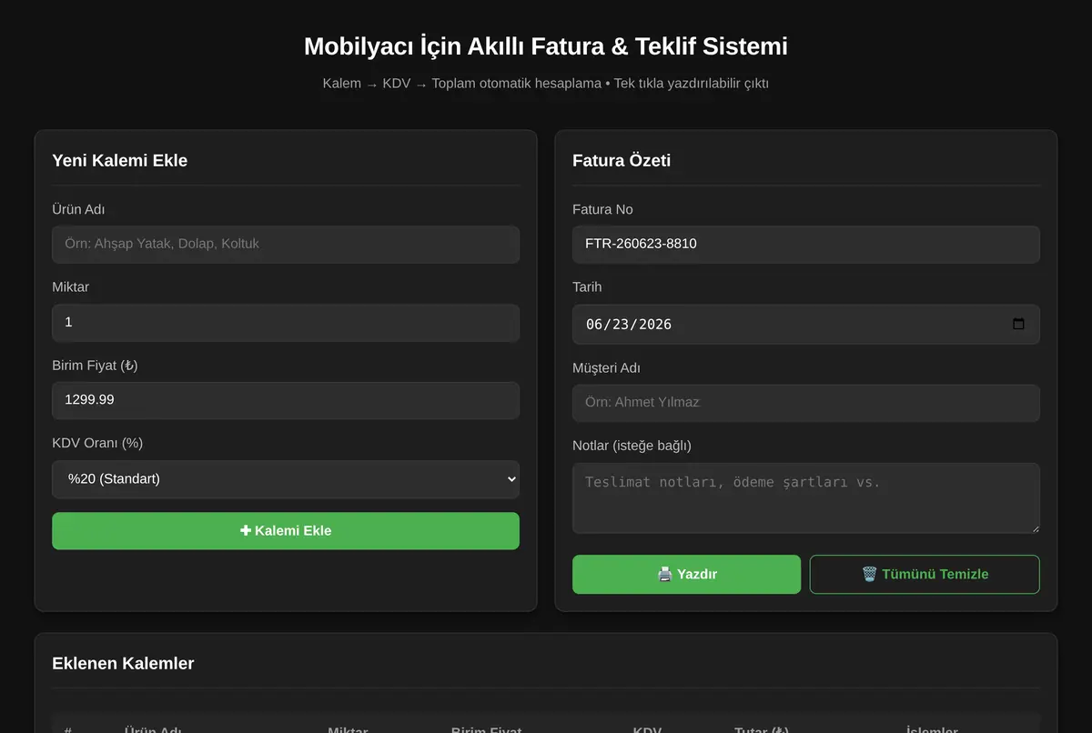 Mobilyacı İçin Akıllı Fatura & Teklif Sistemi ekran görüntüsü 2
