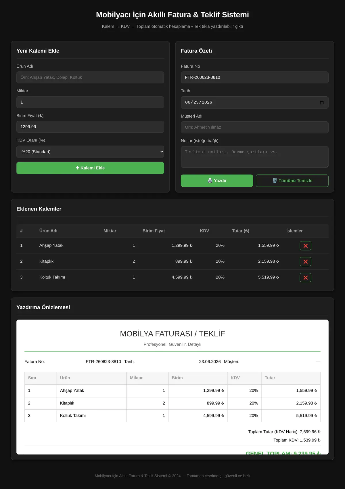 Mobilyacı İçin Akıllı Fatura & Teklif Sistemi ekran görüntüsü 3