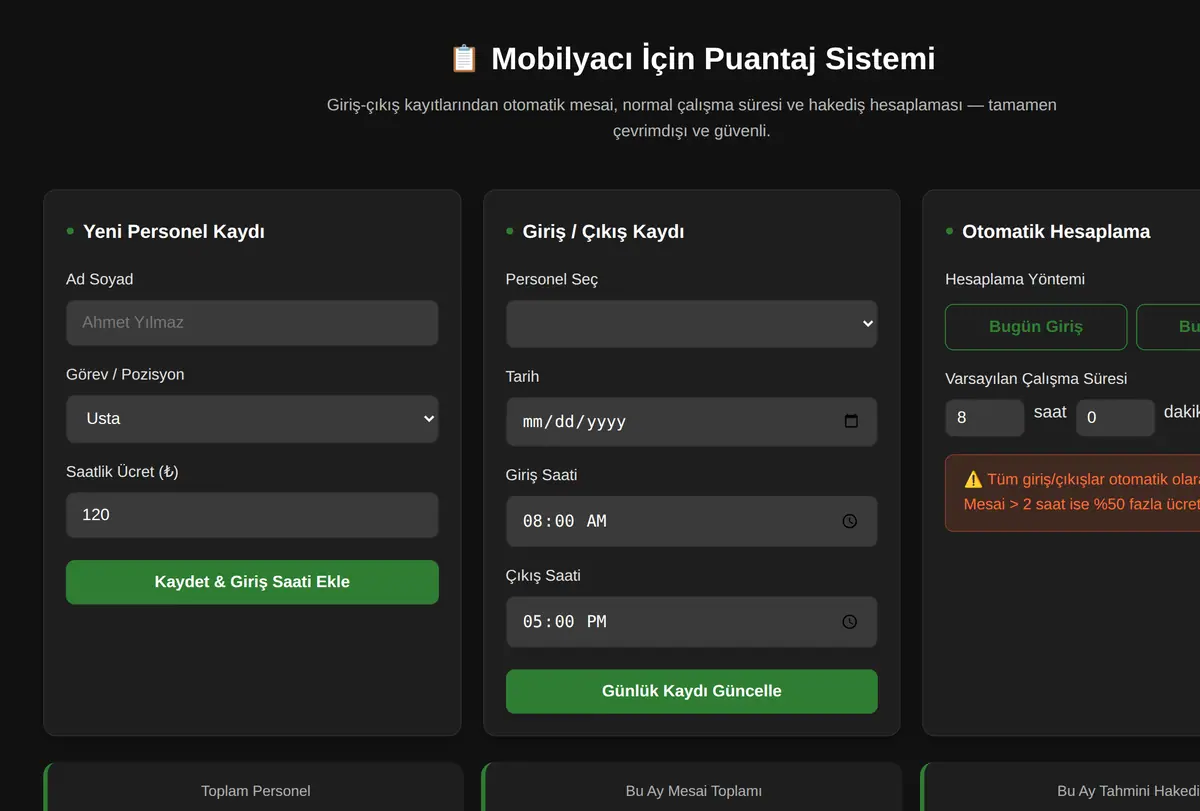 Mobilyacı İçin Puantaj Sistemi ekran görüntüsü