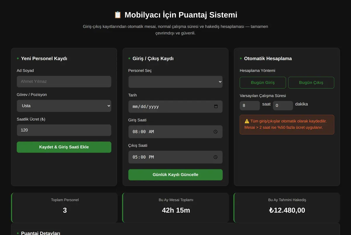 Mobilyacı İçin Puantaj Sistemi ekran görüntüsü 2