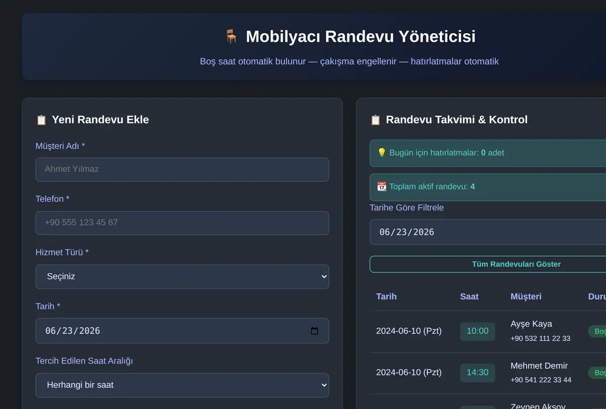 Mobilyacı Randevu Yöneticisi ekran görüntüsü
