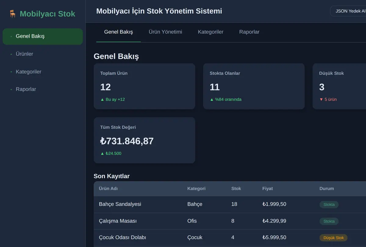Mobilyacı İçin Stok Yönetim Sistemi ekran görüntüsü