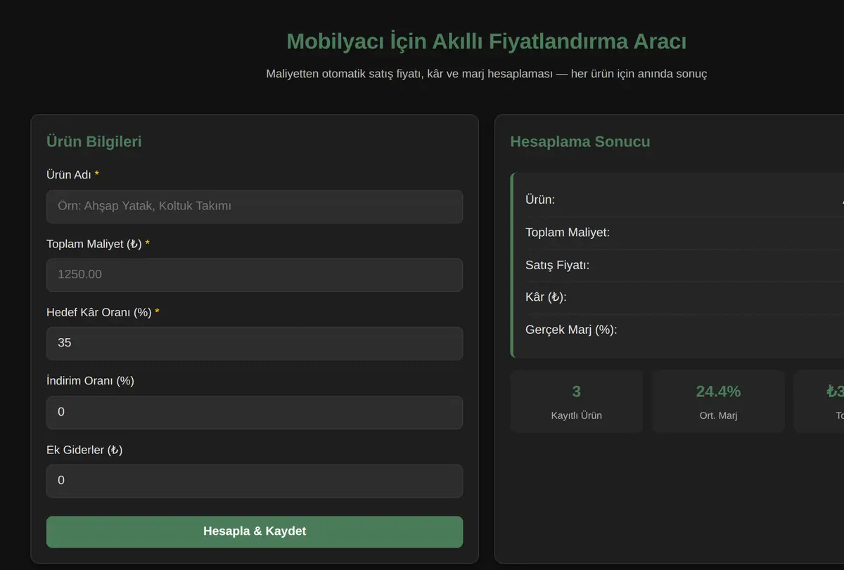 Mobilyacı İçin Akıllı Fiyatlandırma Aracı ekran görüntüsü