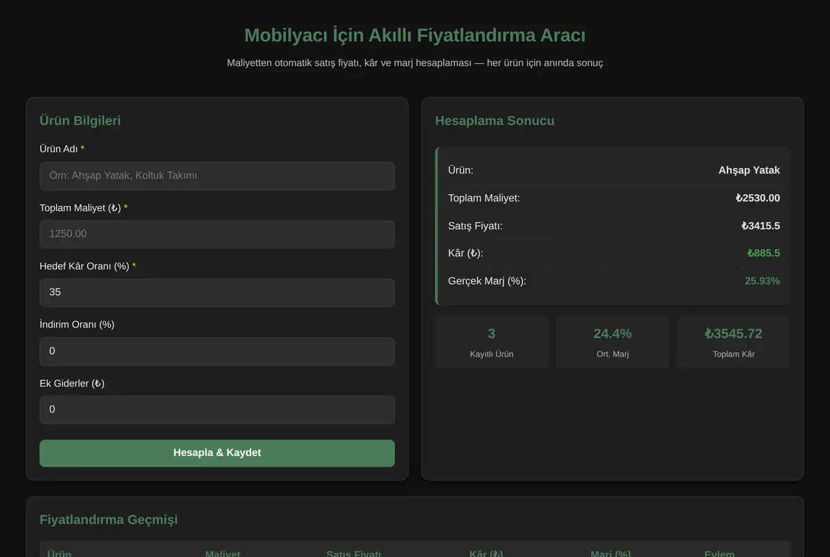 Mobilyacı İçin Akıllı Fiyatlandırma Aracı ekran görüntüsü 2