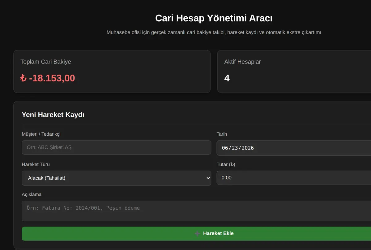 Cari Hesap Yönetimi Aracı ekran görüntüsü