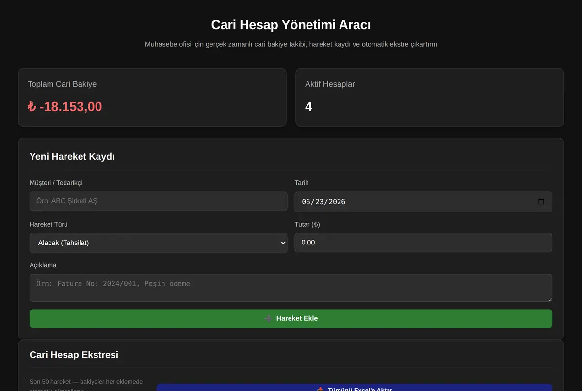 Cari Hesap Yönetimi Aracı ekran görüntüsü 2
