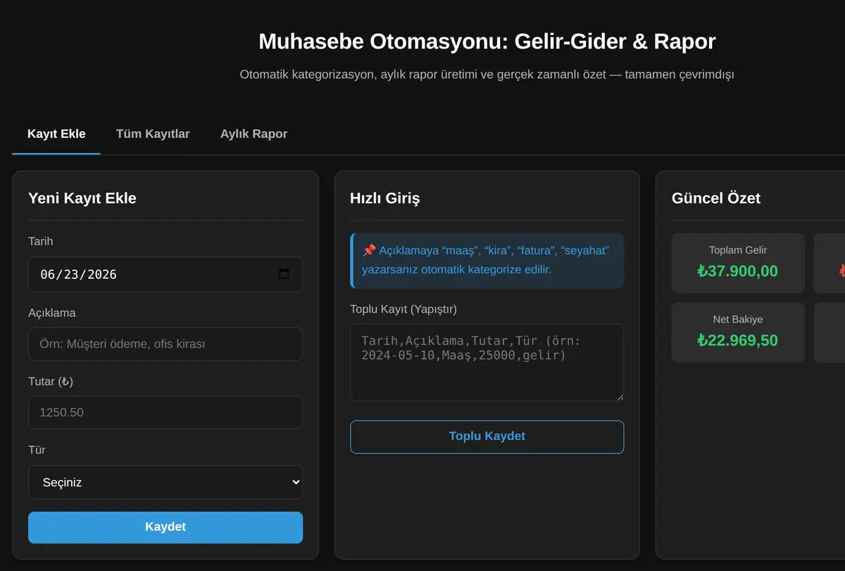 Muhasebe Otomasyonu: Gelir-Gider & Rapor ekran görüntüsü