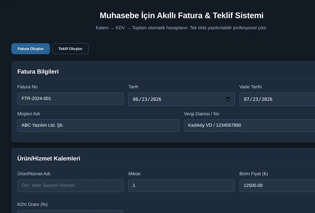 Muhasebe İçin Akıllı Fatura & Teklif Sistemi ekran görüntüsü