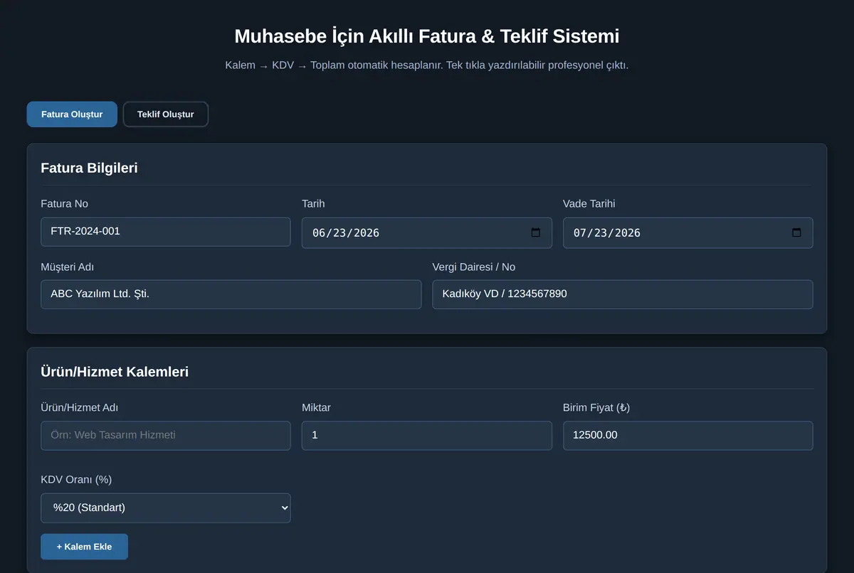 Muhasebe İçin Akıllı Fatura & Teklif Sistemi ekran görüntüsü 2