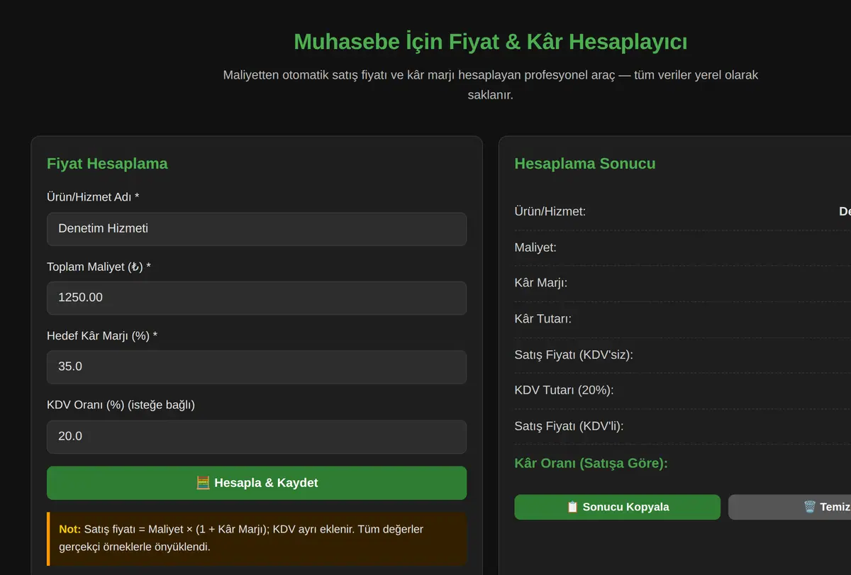 Muhasebe İçin Fiyat & Kâr Hesaplayıcı ekran görüntüsü