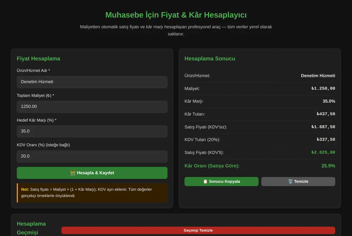 Muhasebe İçin Fiyat & Kâr Hesaplayıcı ekran görüntüsü 2