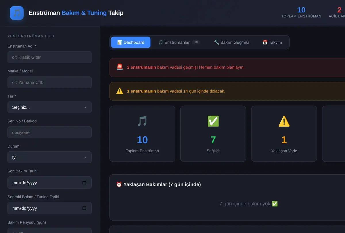 Enstrüman Bakım & Tuning Takip Sistemi ekran görüntüsü