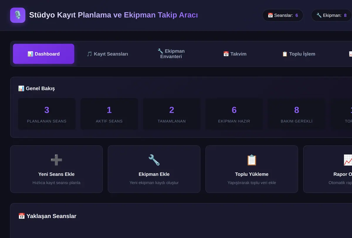 Stüdyo Kayıt Planlama ve Ekipman Takip Aracı ekran görüntüsü