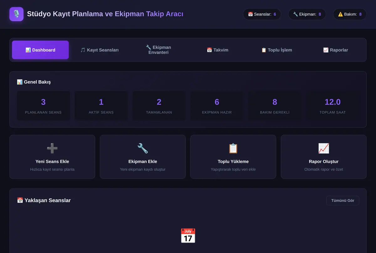 Stüdyo Kayıt Planlama ve Ekipman Takip Aracı ekran görüntüsü 2