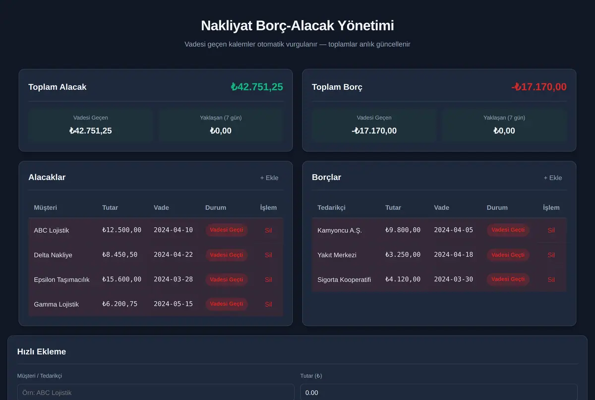 Nakliyat Borç-Alacak Yönetimi ekran görüntüsü 2