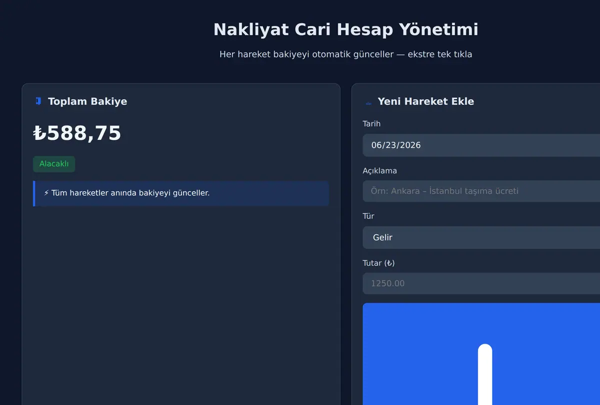 Nakliyat Cari Hesap Yönetimi ekran görüntüsü
