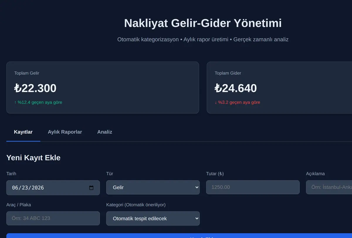 Nakliyat Gelir-Gider Yönetimi ekran görüntüsü