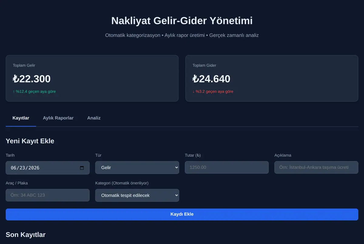 Nakliyat Gelir-Gider Yönetimi ekran görüntüsü 2
