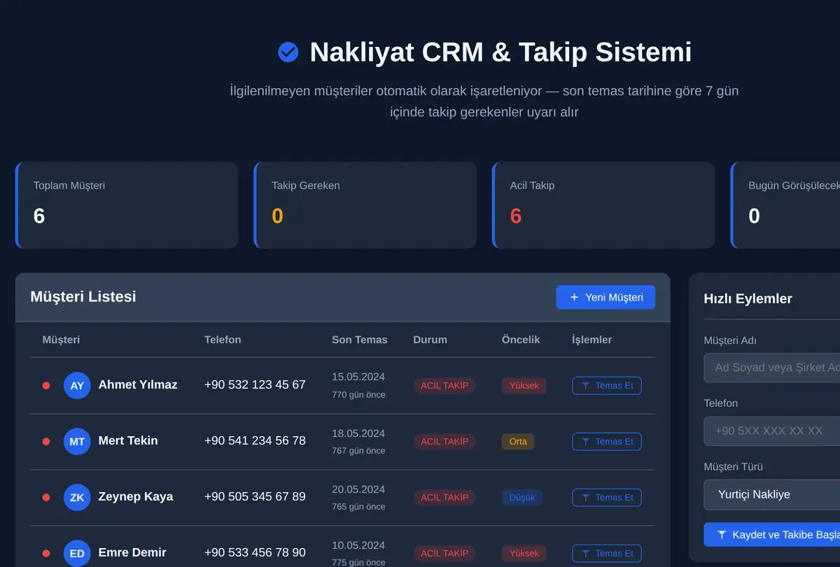 Nakliyat CRM & Takip Sistemi ekran görüntüsü