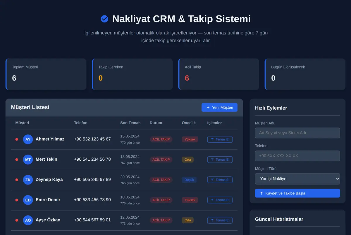 Nakliyat CRM & Takip Sistemi ekran görüntüsü 2