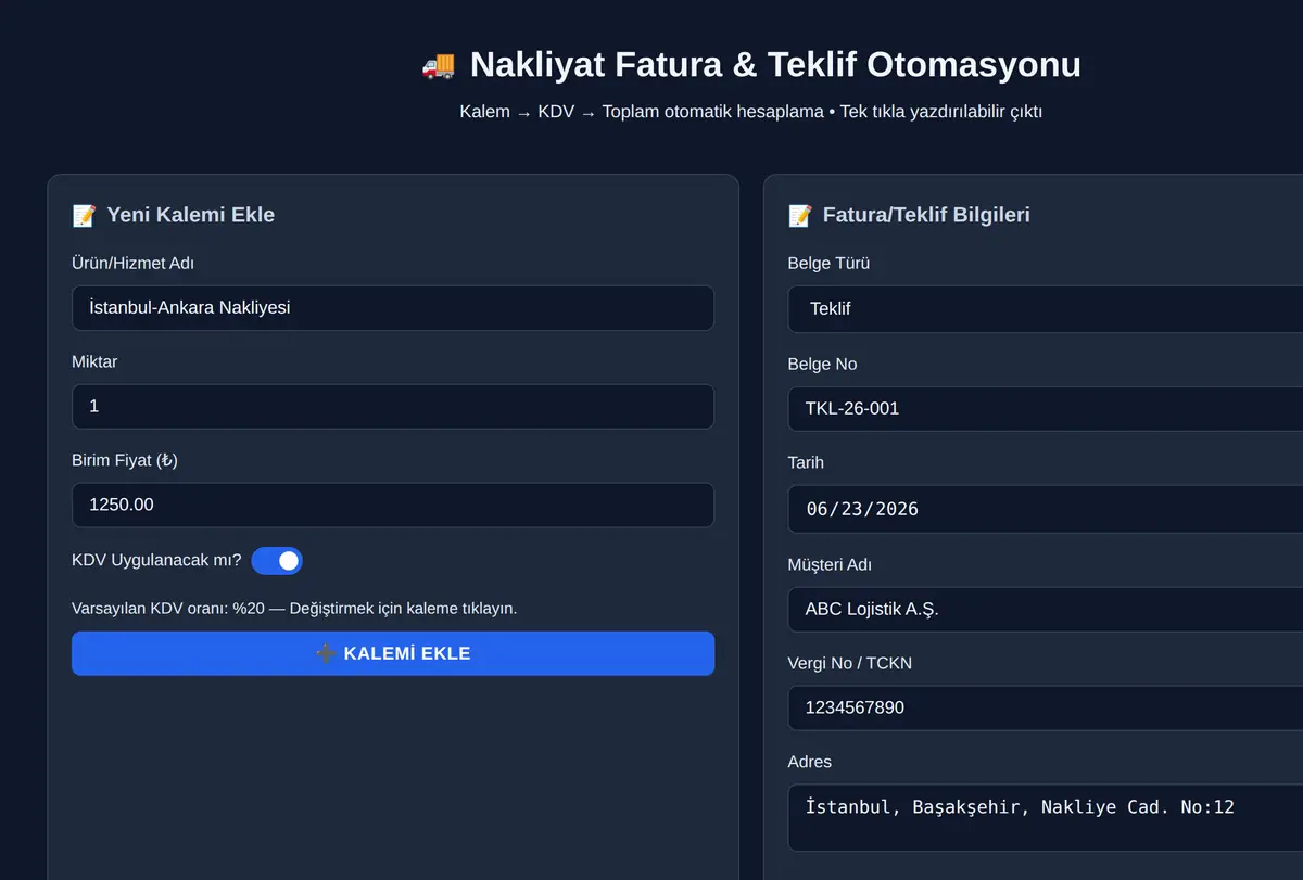 Nakliyat Fatura & Teklif Otomasyonu ekran görüntüsü