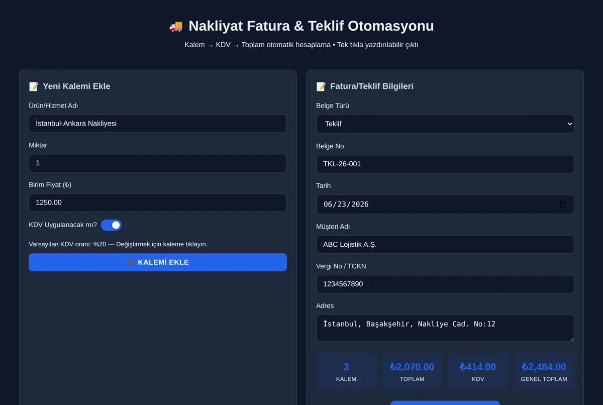 Nakliyat Fatura & Teklif Otomasyonu ekran görüntüsü 2